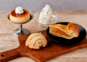 プリン、ケーキ、ソフトクリーム